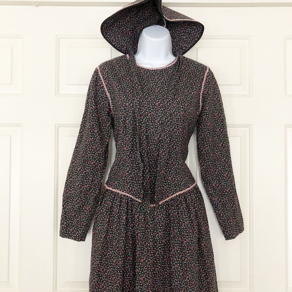 handmade Dresses & Skirts - Handmade Prairie Long Dress Amish Mennonite Calico Print L/S Modest w Bonnet